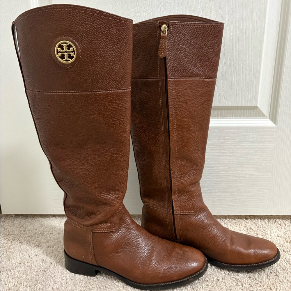 Tory Burch Tan Leather Boots with Gold Logo
